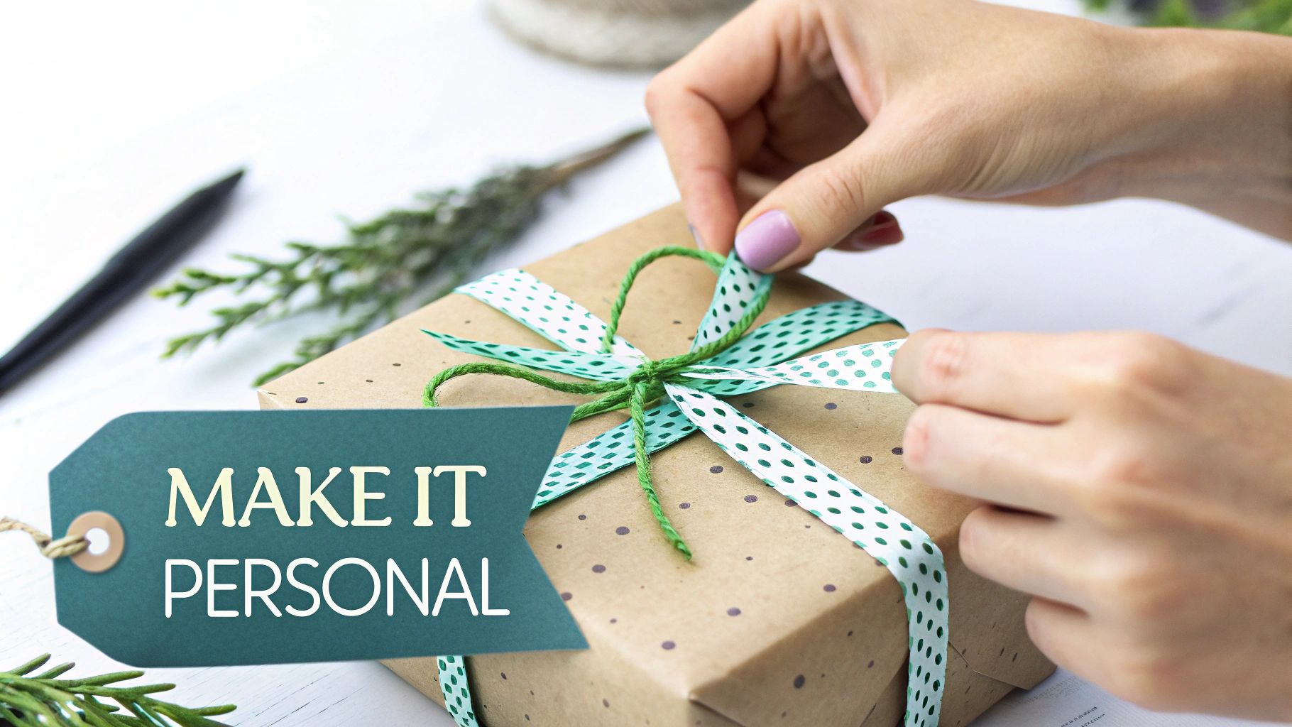 Close-up of hands tying a green and white polka dot ribbon on a brown gift box, with a 'MAKE IT PERSONAL' tag.