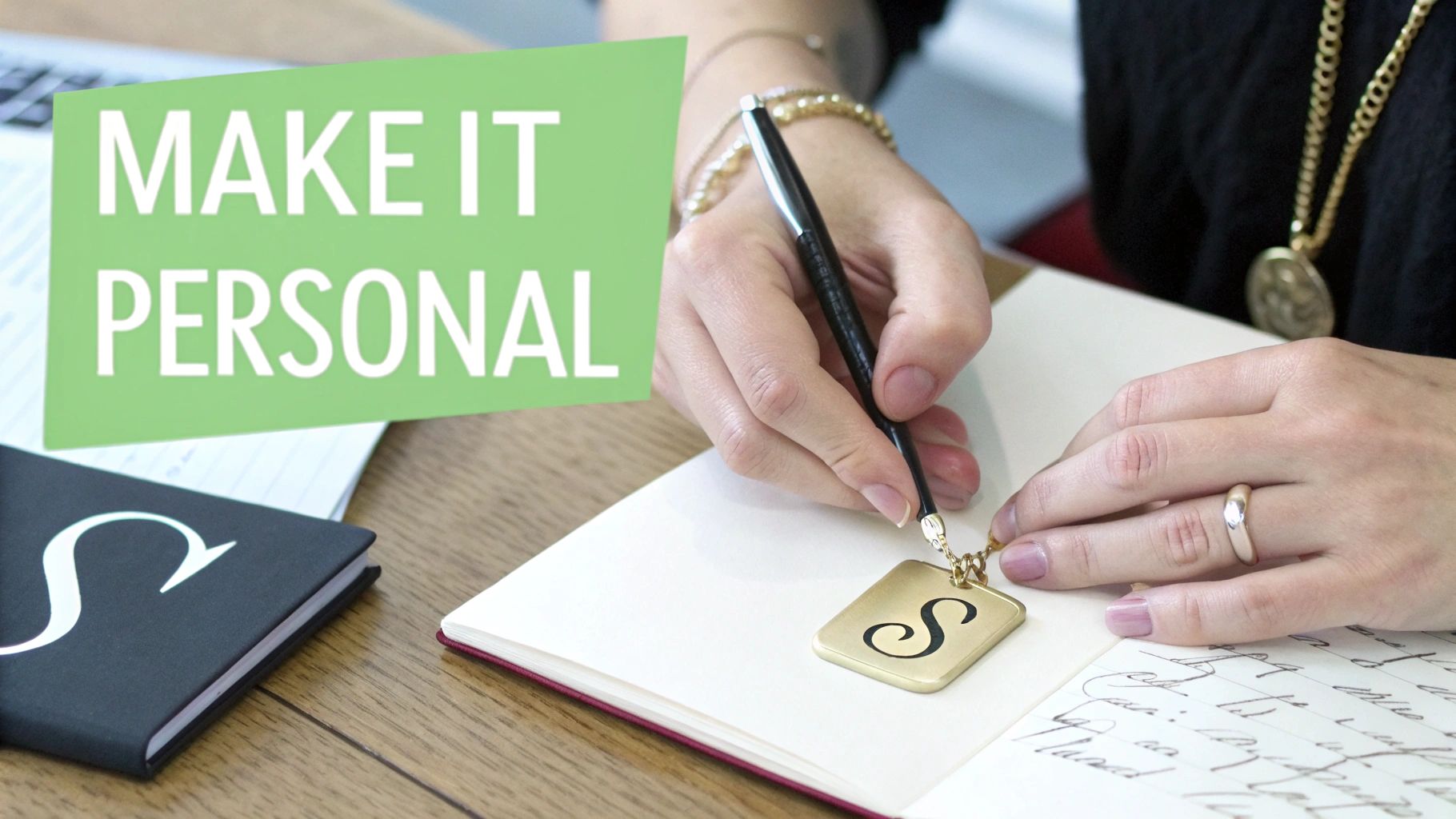 Close-up of a person writing in a notebook, holding a personalized 'S' charm with a pen.