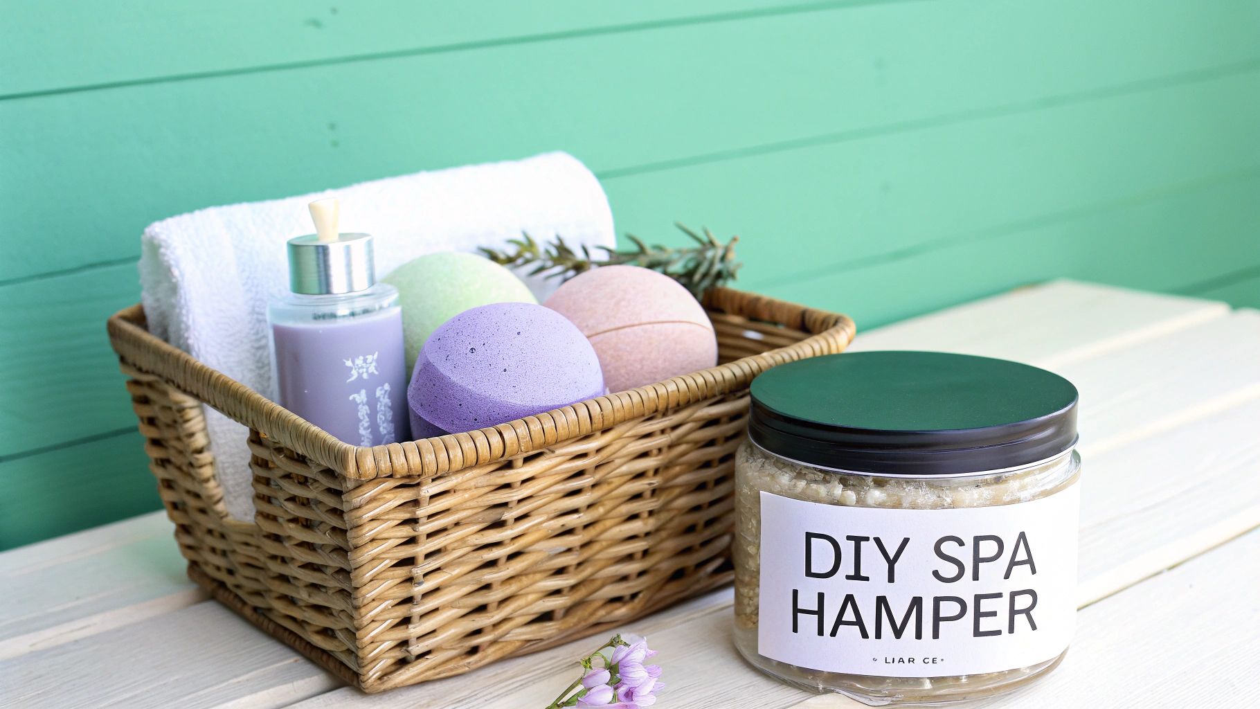 A handmade spa gift basket filled with colorful bath bombs, lotion, and a jar of bath salts.