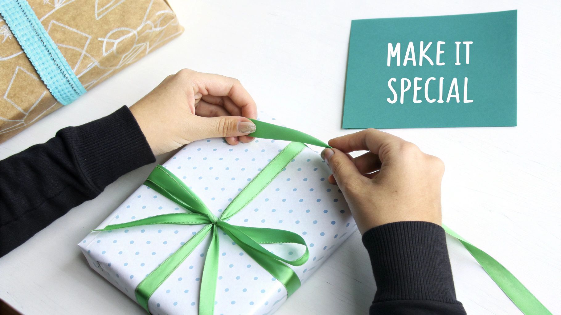 Hands carefully wrapping a white gift box with blue dots using a vibrant green ribbon, next to a 'MAKE IT SPECIAL' card.