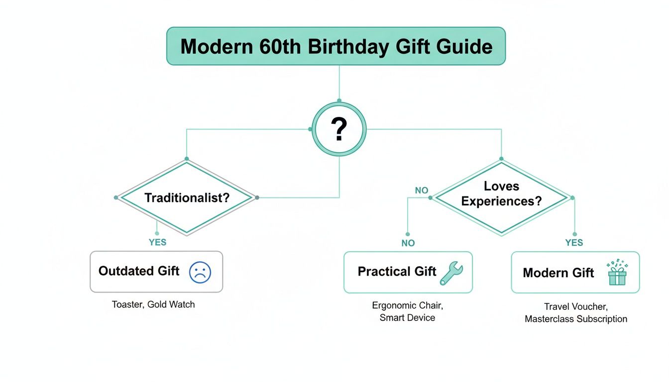 A modern 60th birthday gift guide flowchart, suggesting gifts based on whether the recipient is a traditionalist or loves experiences.