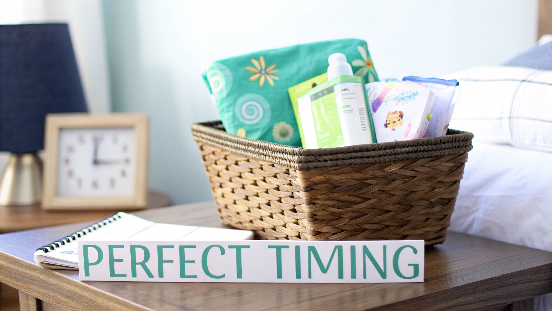 A gift basket with baby essentials, lotion, and a blanket on a bedside table with a "Perfect Timing" sign.
