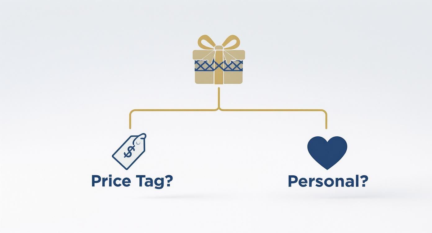 A diagram showing a gift box leading to two options: a price tag asking "Price Tag?" and a heart asking "Personal?".
