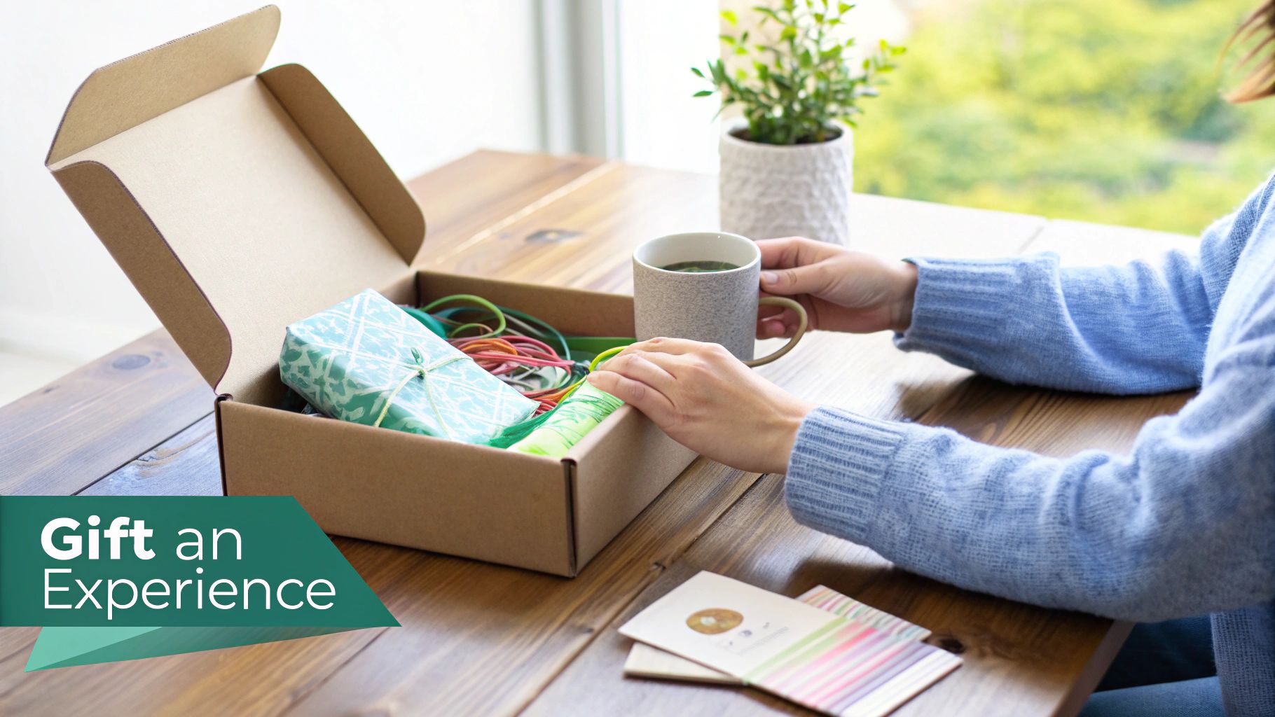 Hands open a cardboard box filled with colorful DIY craft supplies and a wrapped gift.