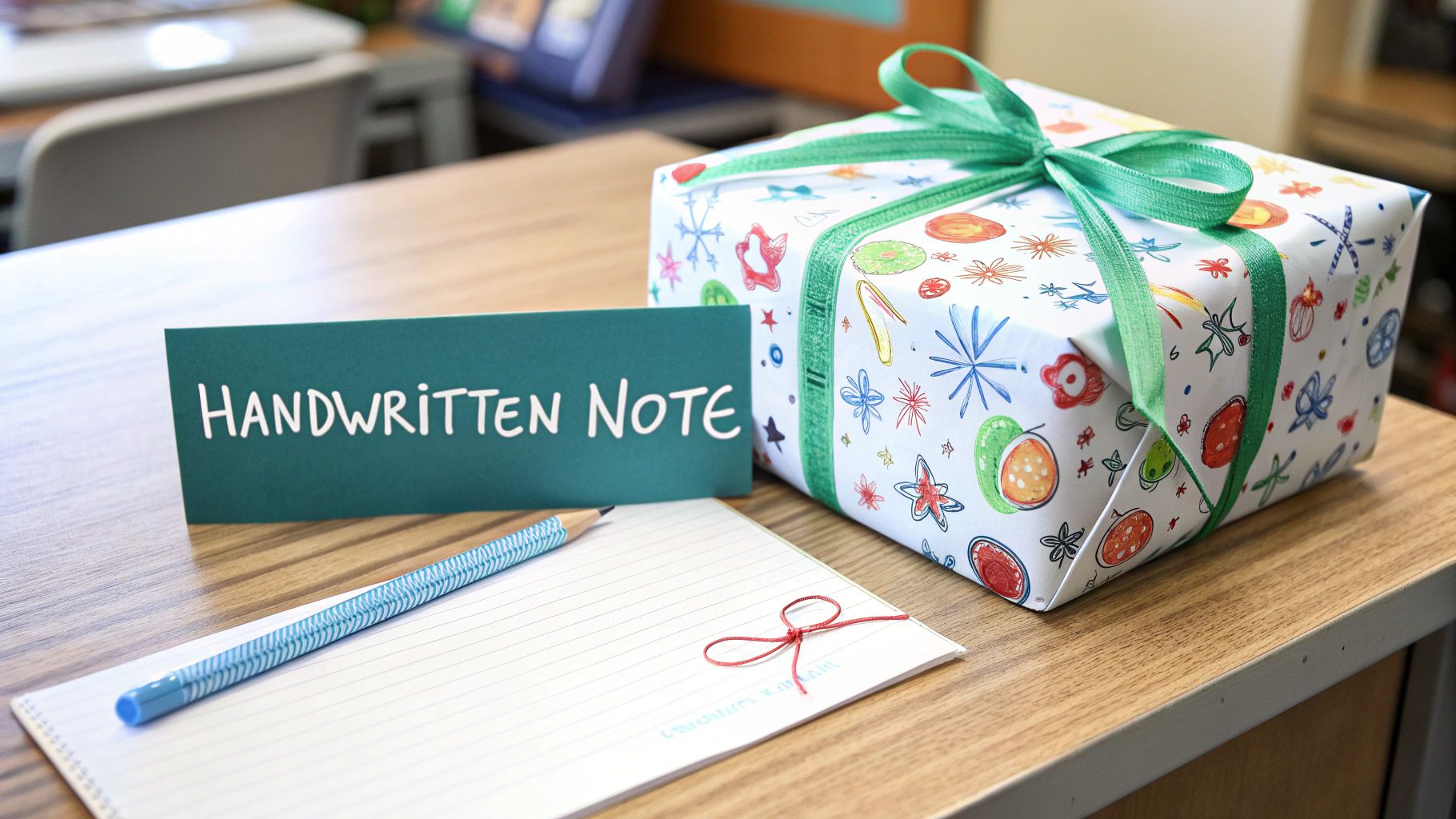 A wrapped gift with green ribbon, a 'HANDWRITTEN NOTE' sign, pencil, and notepad on a desk.