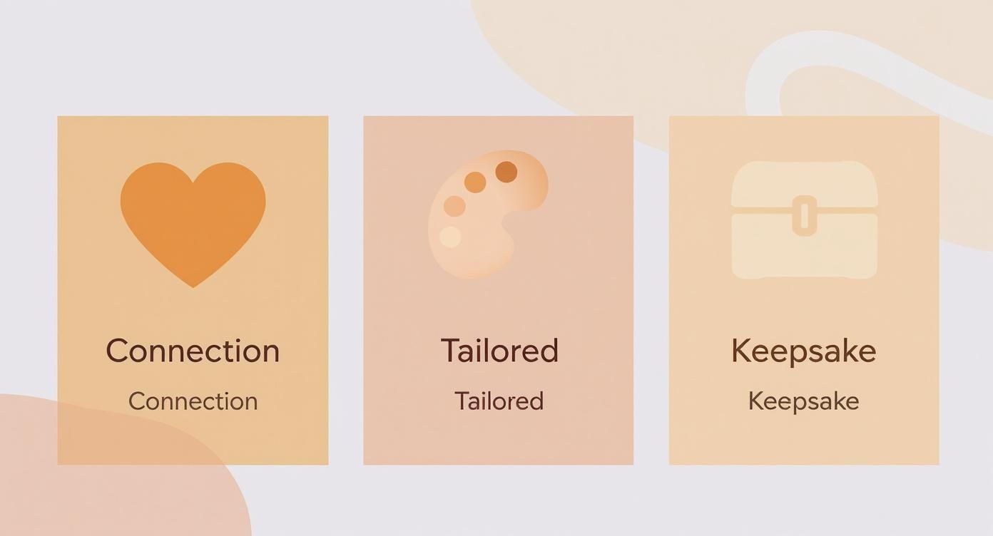 Three cards displaying icons and text for connection (heart), tailored (palette), and keepsake (chest).
