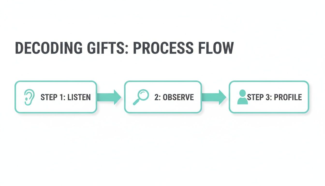 A process flow diagram titled 'Decoding Gifts' with three steps: Listen, Observe, and Profile.