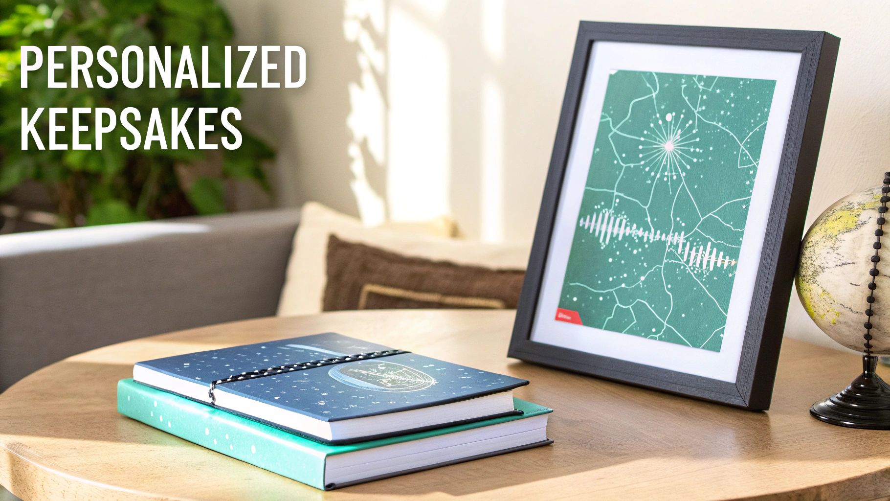 Personalized keepsakes including framed star map artwork and celestial notebooks on wooden table