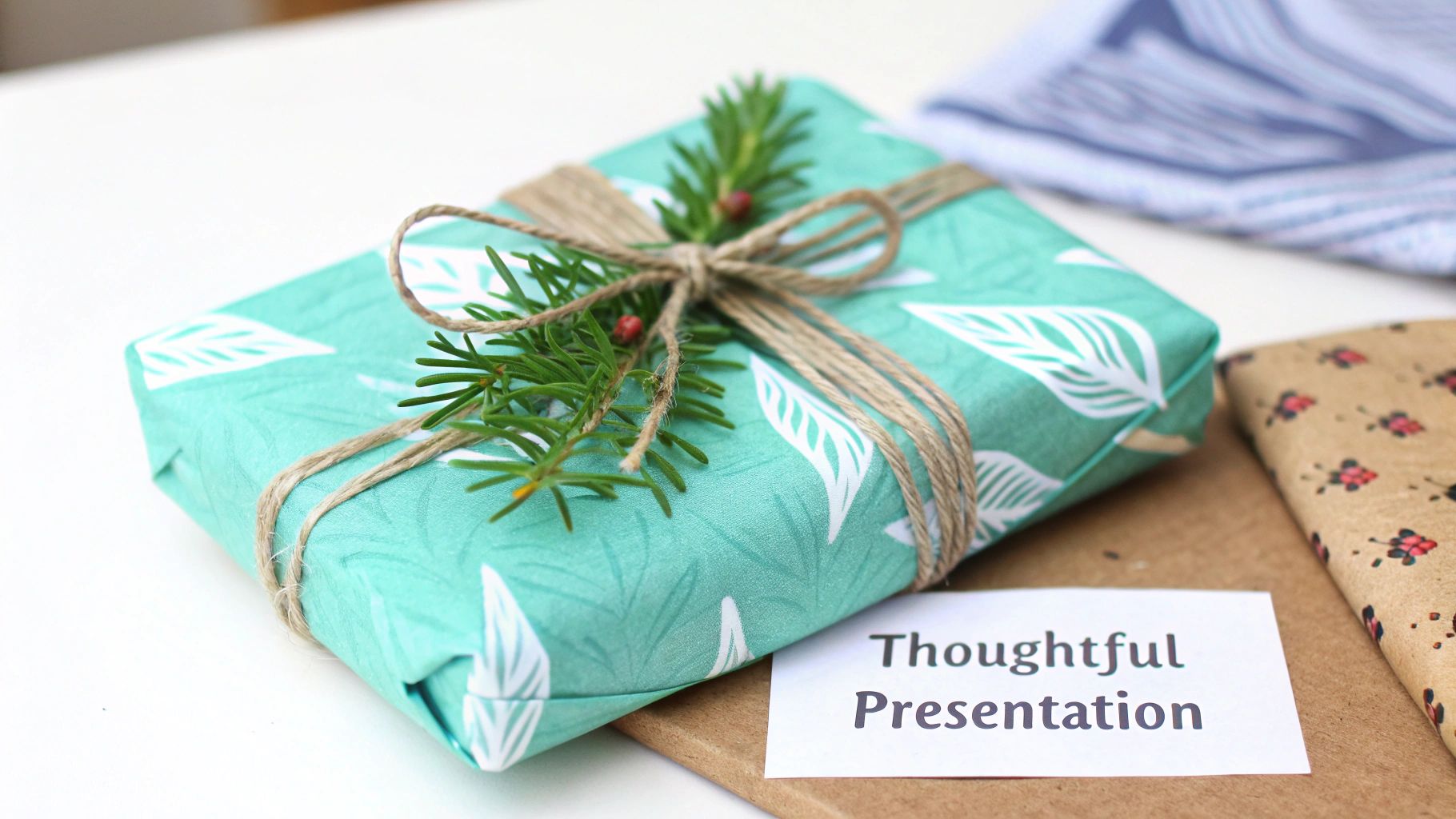 A beautifully wrapped gift in teal paper with white leaves, natural twine, and festive evergreen.