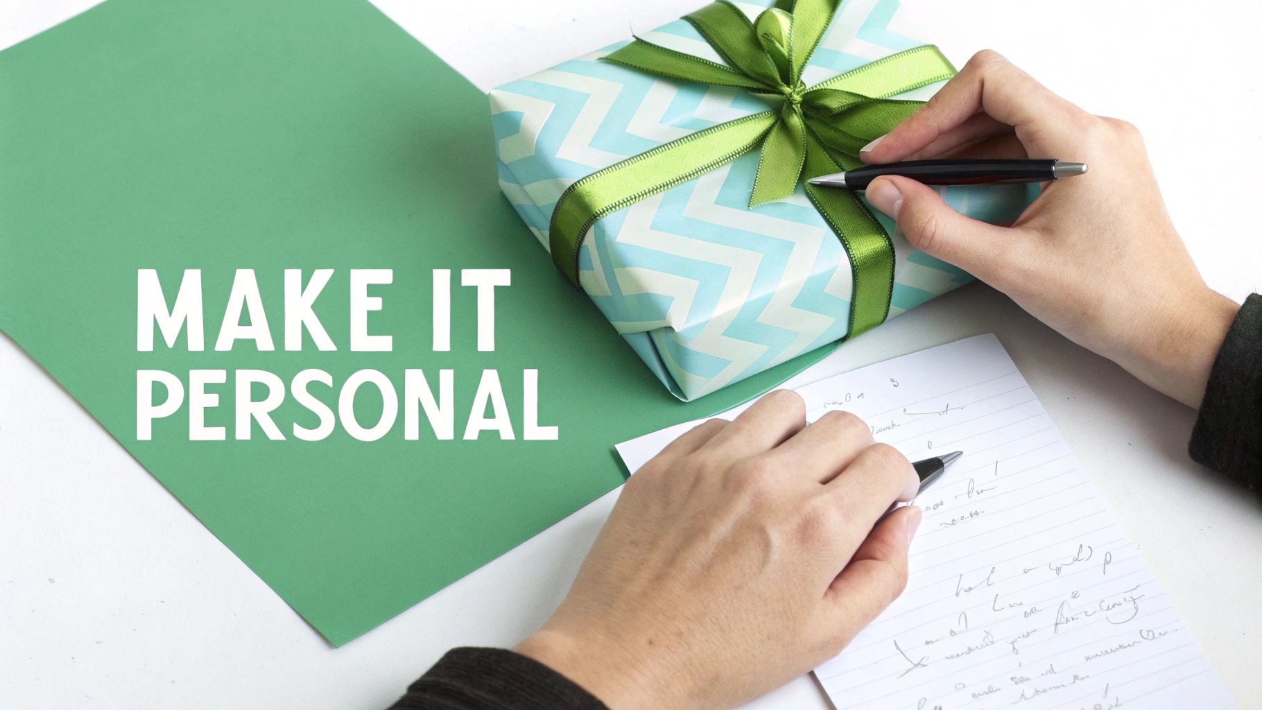 A person carefully ties a ribbon on a beautifully wrapped gift box.