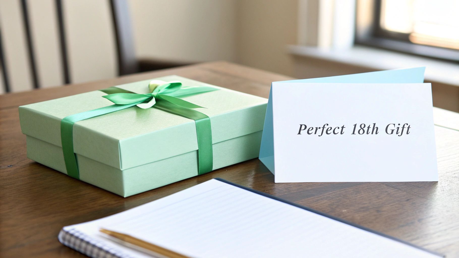 A light green gift box with a green ribbon and a card saying 'Perfect 18th Gift' on a wooden table.