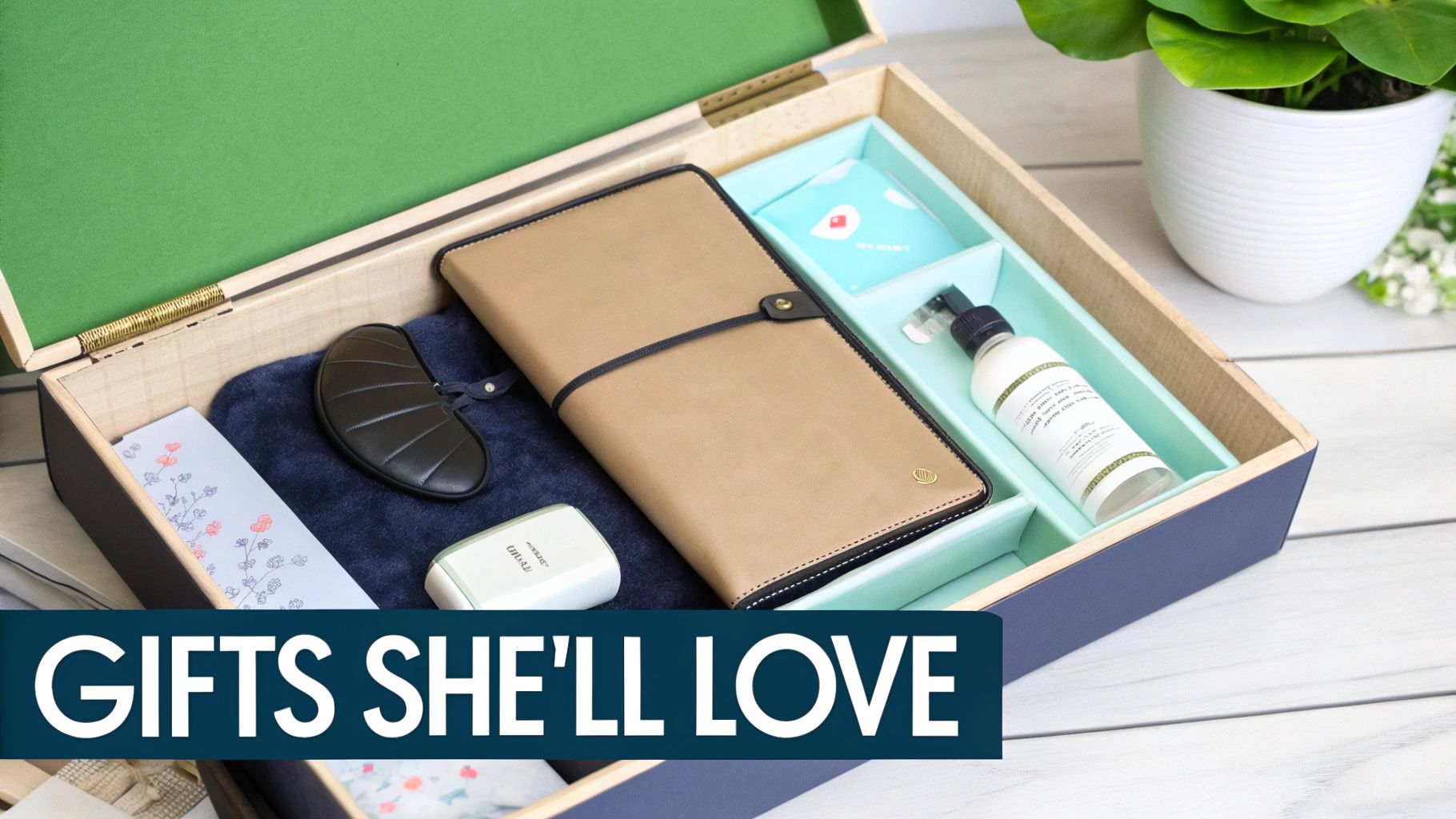 An open wooden gift box filled with various travel and personal care items, including a leather organizer.
