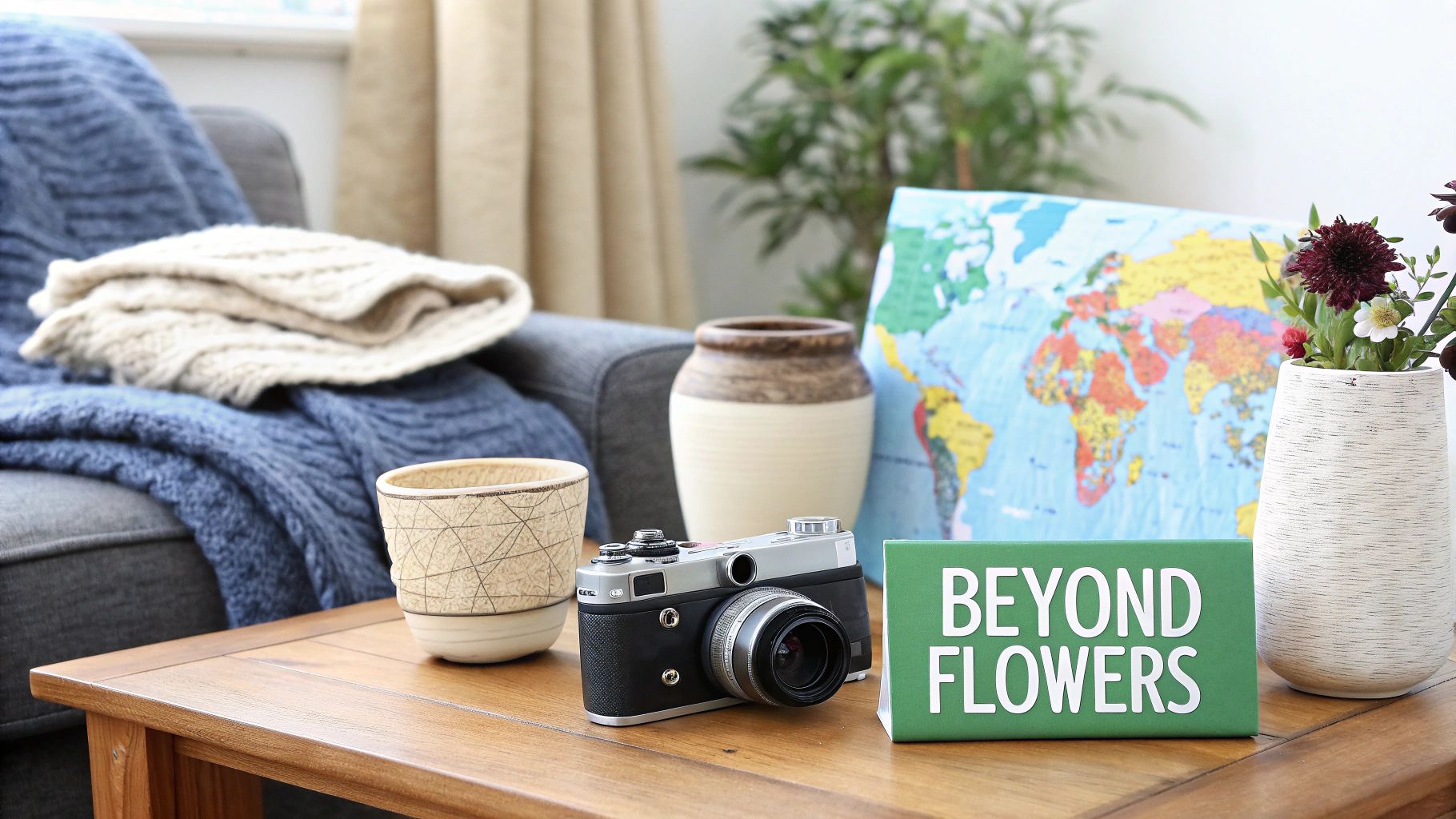 Coffee table display with vintage camera, flowers, world map, and travel themed book for thoughtful gift ideas