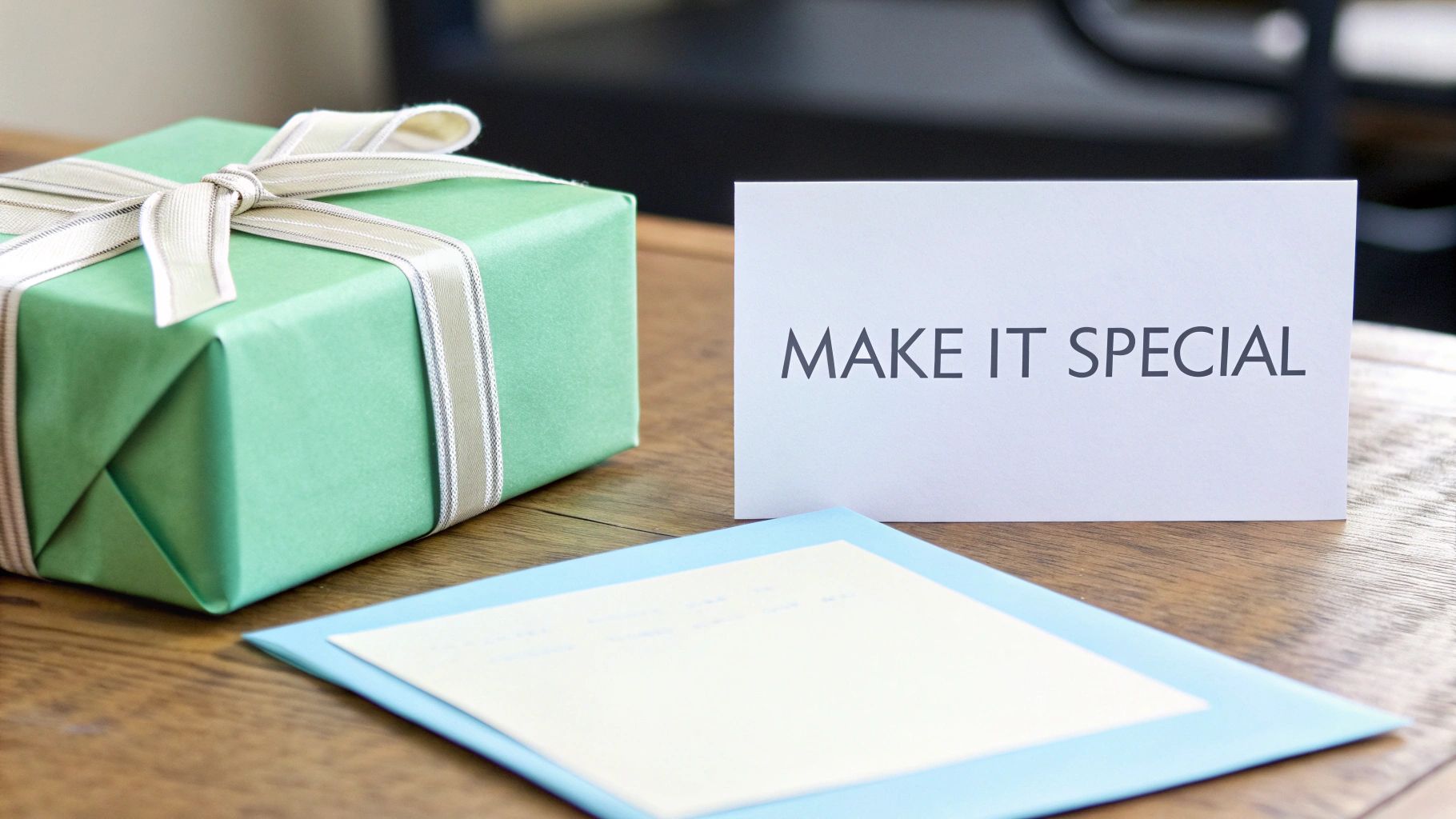A green gift box with a striped ribbon, a 'MAKE IT SPECIAL' card, and a blue envelope on a wooden table.