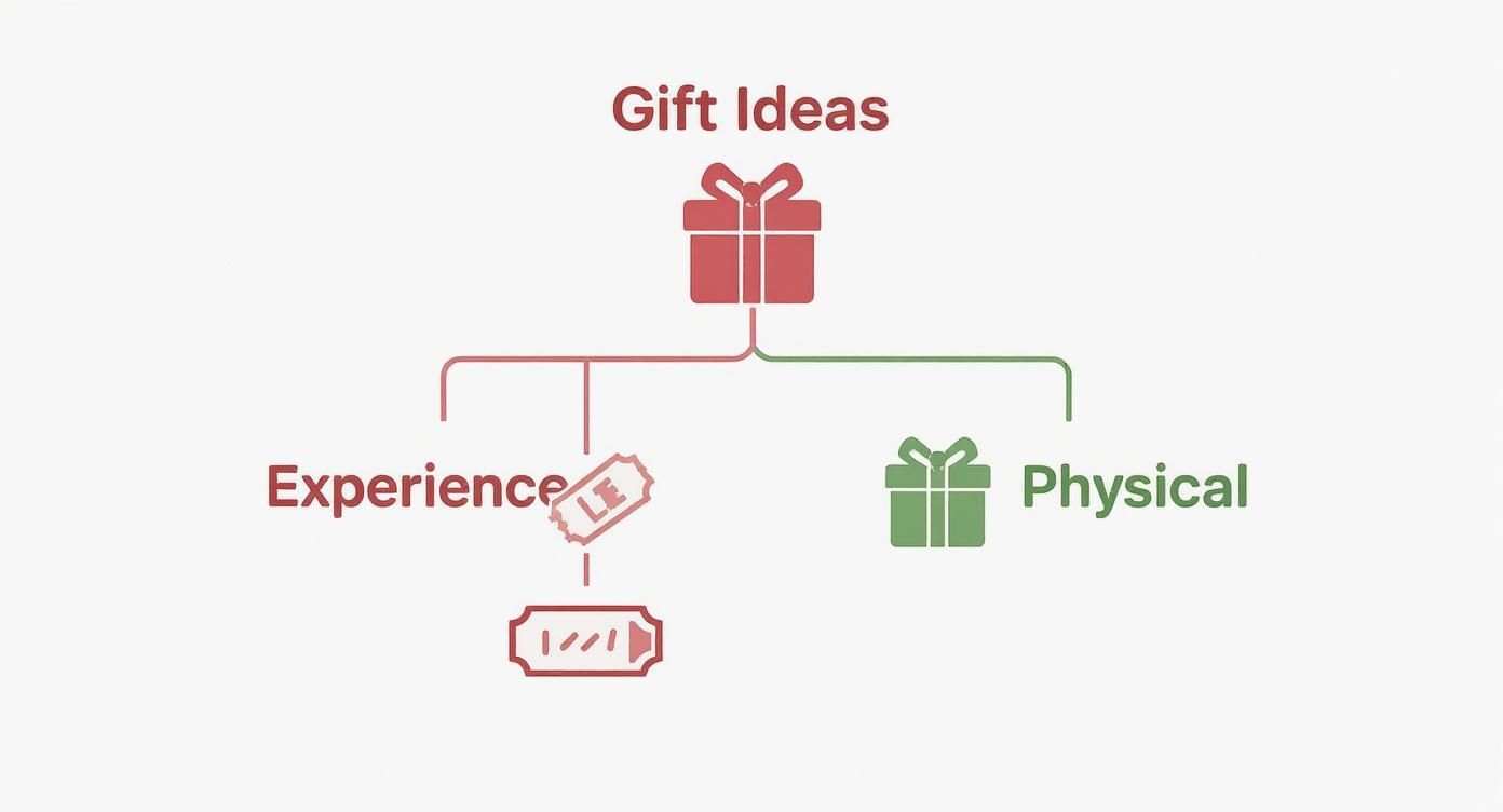 Infographic showing gift ideas divided into two categories: experience gifts and physical gifts with decorative present boxes