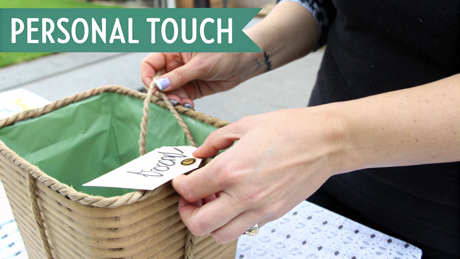 Hands adding a personalized 'From' tag to a woven gift basket with green lining, emphasizing a personal touch.