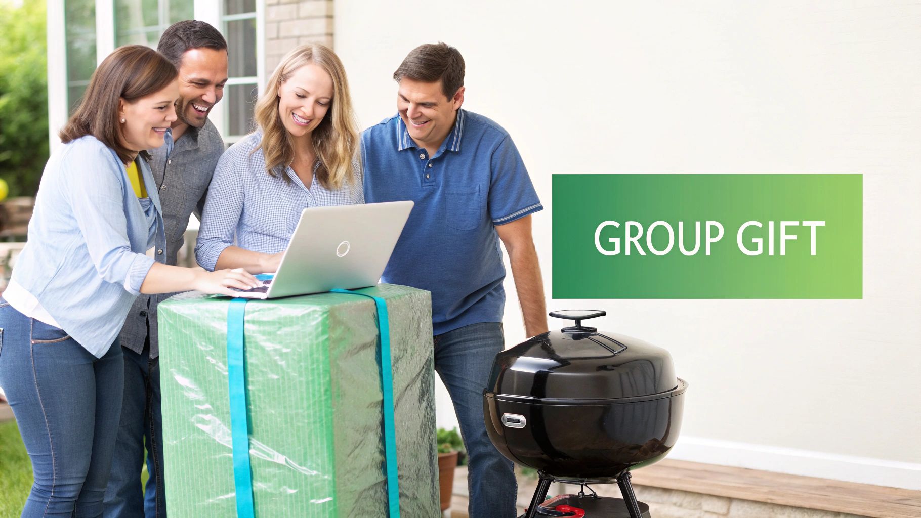 Four happy adults gathered around a laptop on a large group gift, with a barbecue grill nearby.