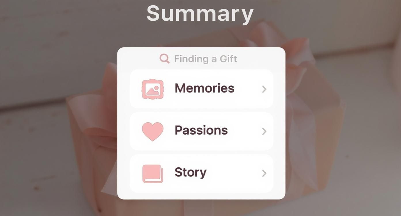 Mobile app summary screen featuring 'Finding a Gift' search, 'Memories', 'Passions', and 'Story' options.