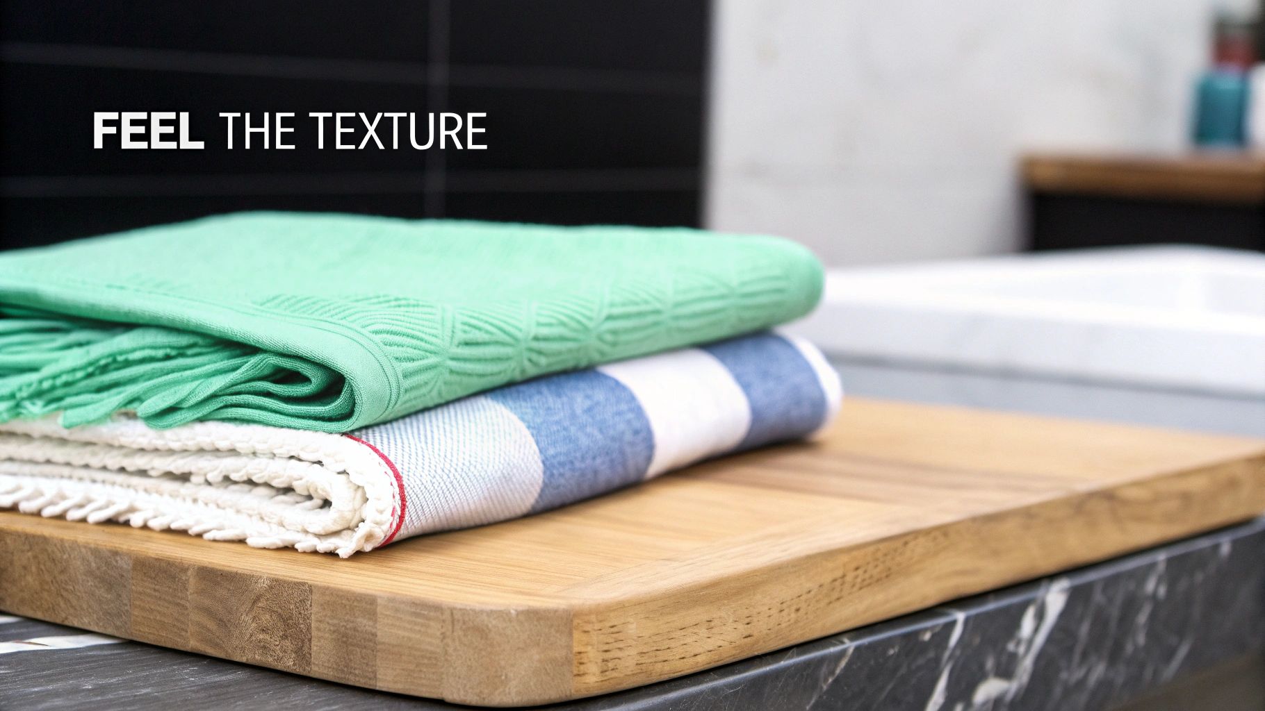 A cozy living room with textured blankets and wooden furniture.