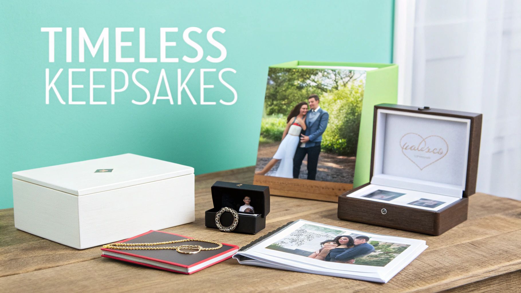A collection of timeless keepsakes including photo albums, framed pictures, and memory boxes.