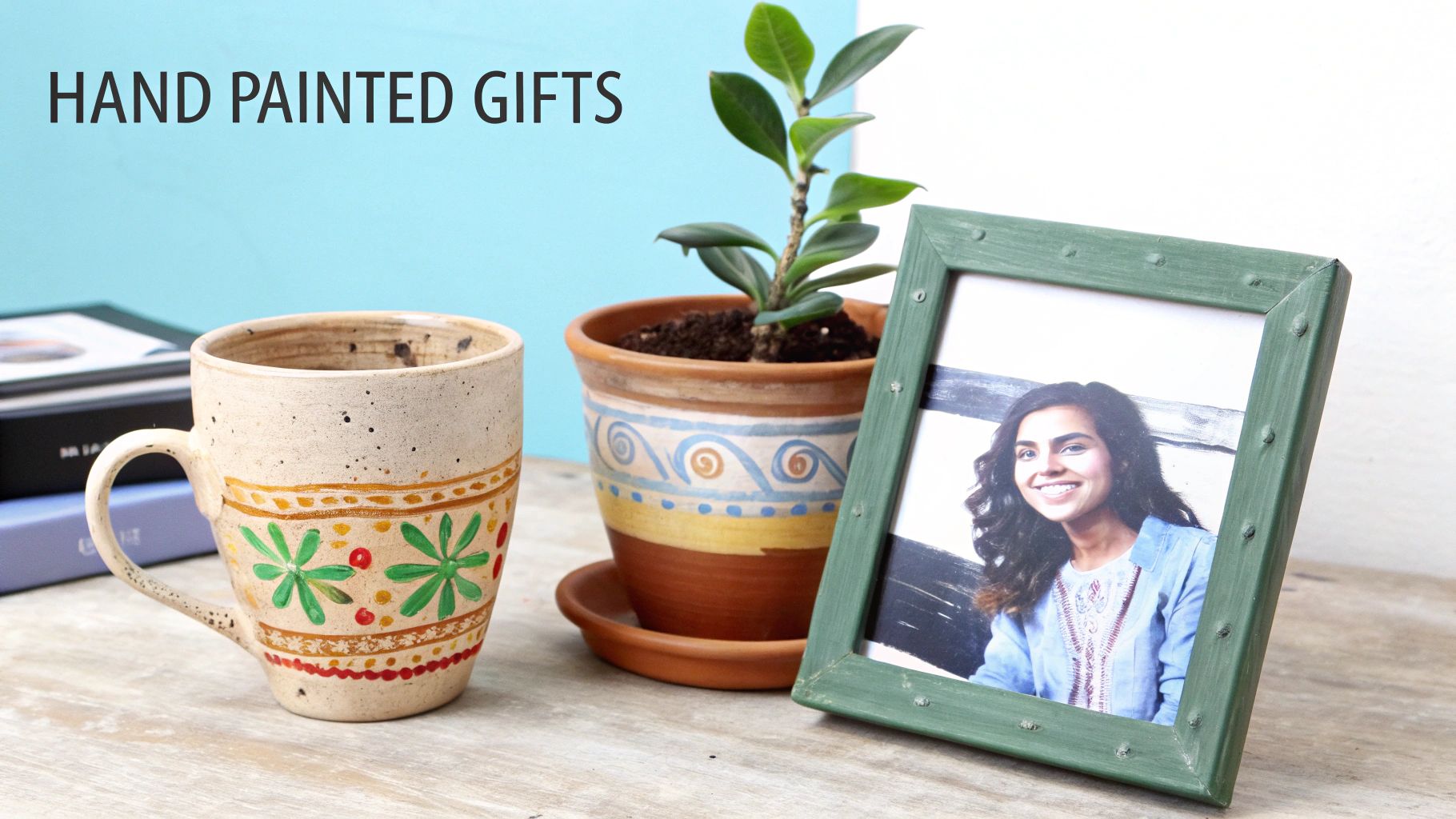 A rustic wooden table displays a hand-painted mug, potted plant, and a framed photo of a smiling woman, advertising hand-painted gifts.
