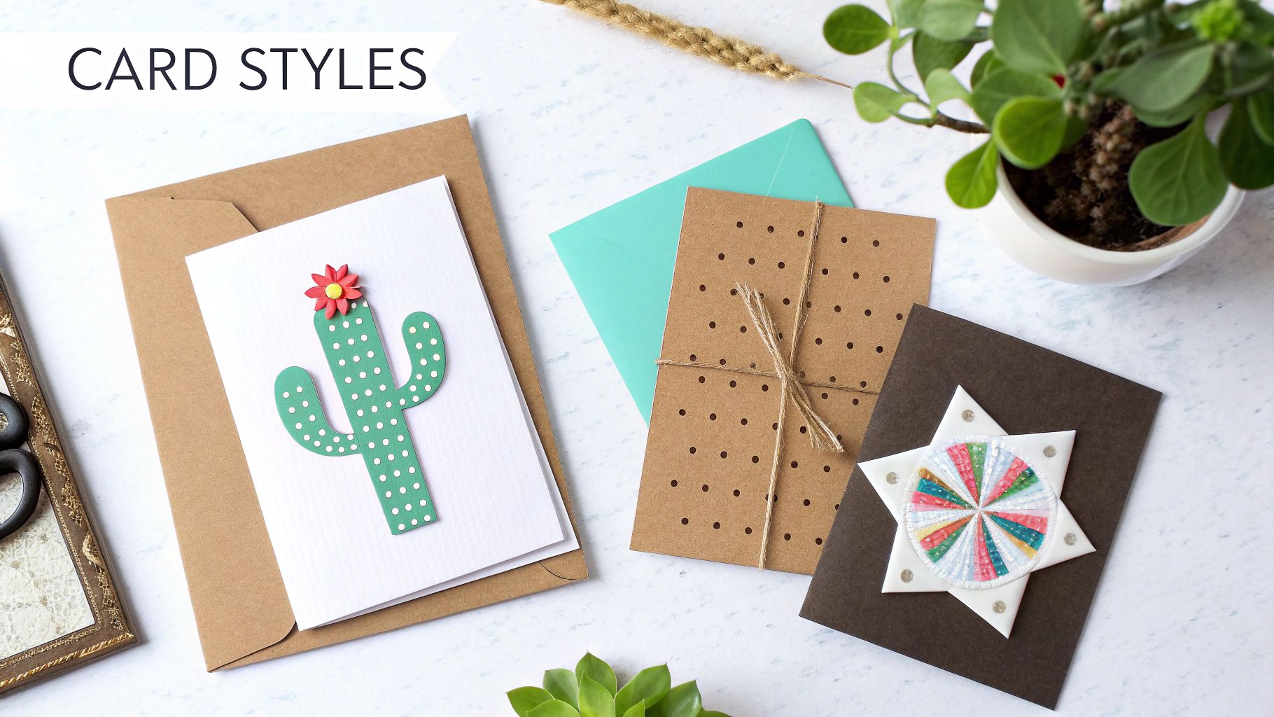 Three handmade greeting cards with different designs, envelopes, and craft supplies on a white table.