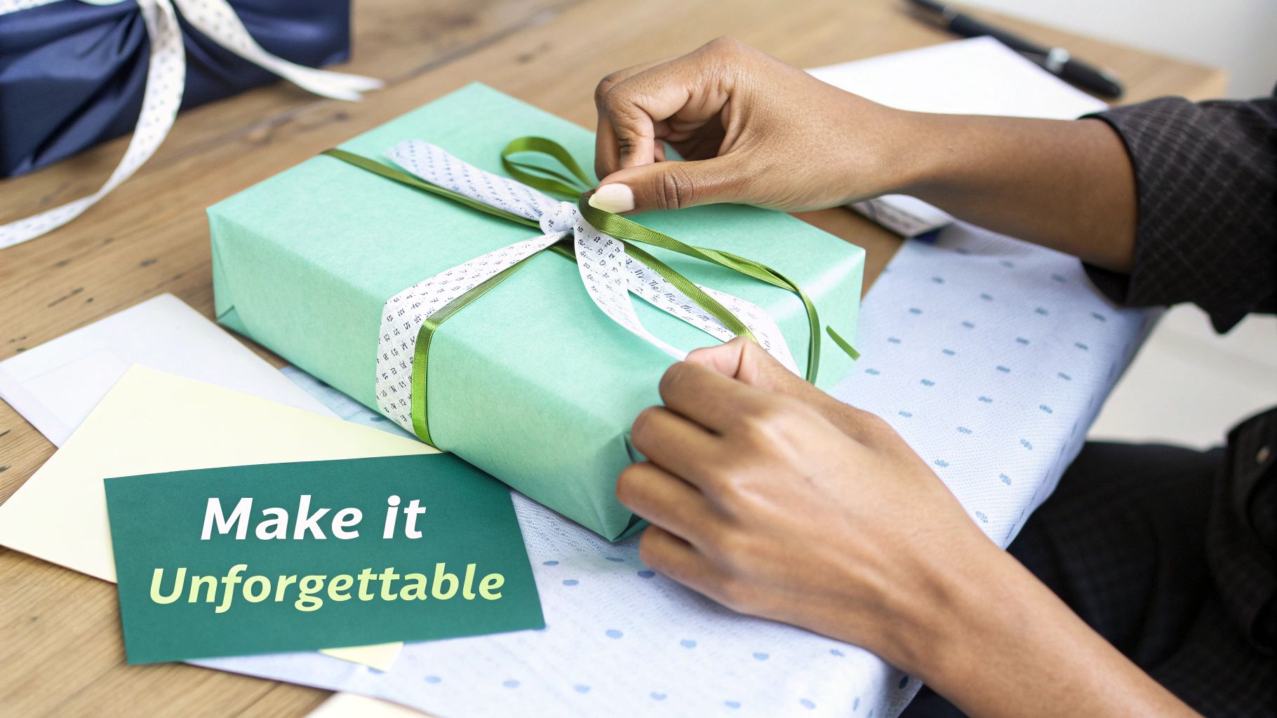 A person's hands are tying a ribbon on a mint green gift box, with other gifts and a card nearby.