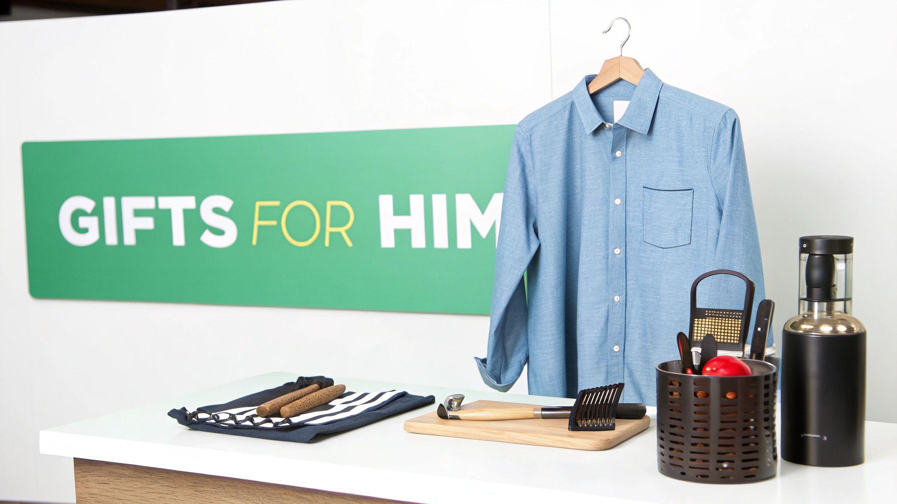 Various gift ideas for men, featuring a blue shirt, kitchen gadgets, and a modern bottle.