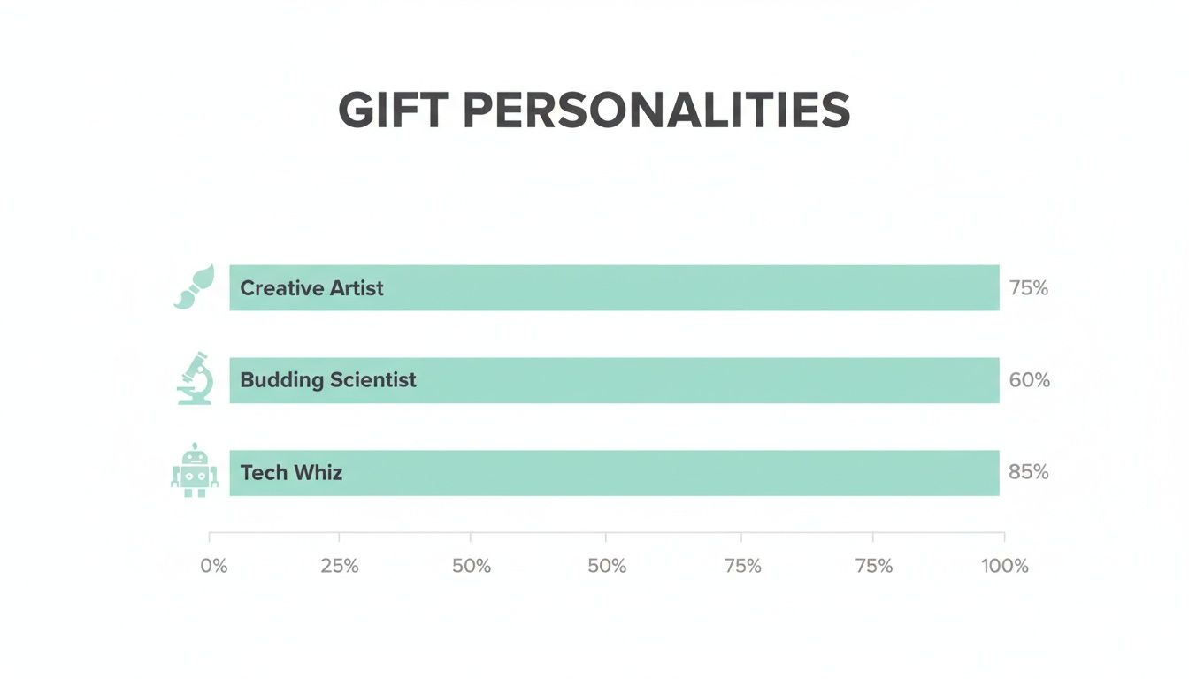 A horizontal bar chart showing gift personalities: Creative Artist 75%, Budding Scientist 60%, and Tech Whiz 85%.