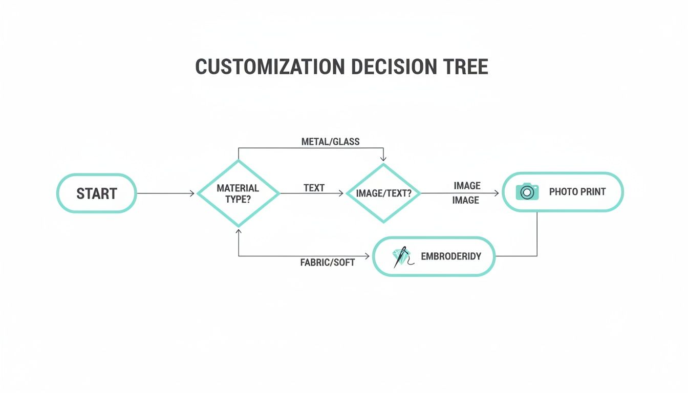 A flowchart illustrating a customization decision tree for personalized products based on material type and content.