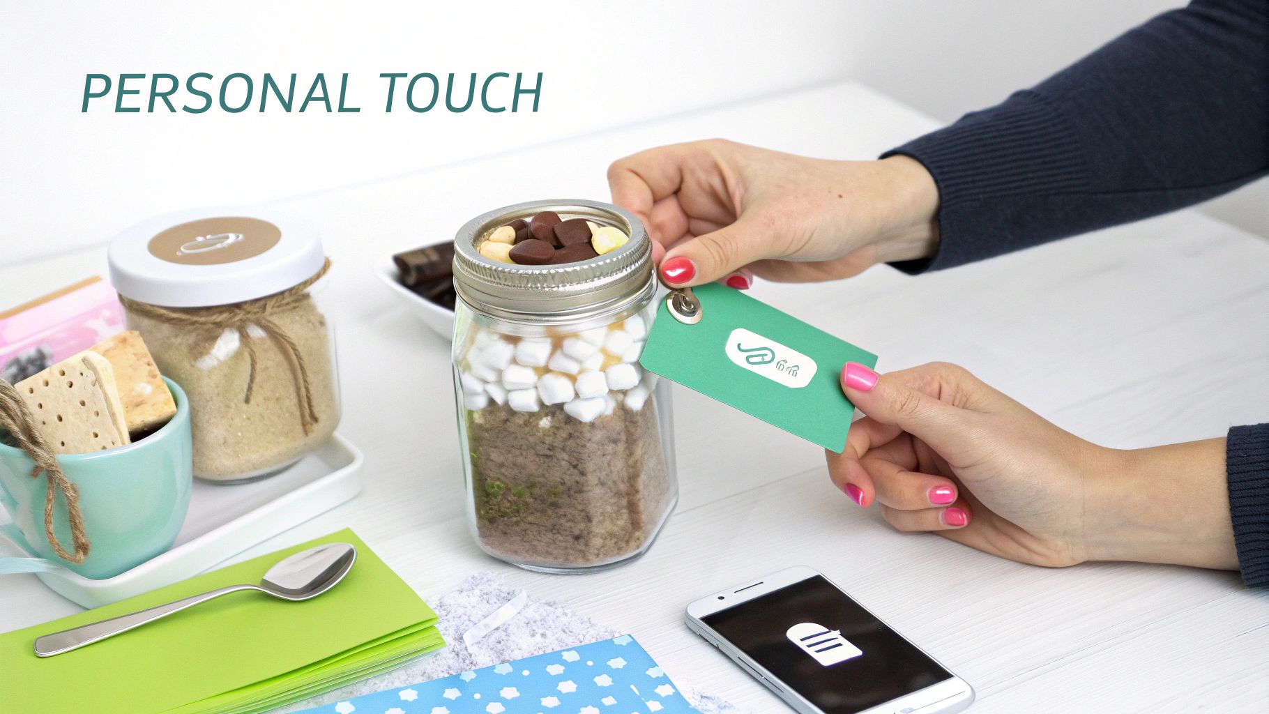 Hands attaching a green tag to a jar filled with s'mores ingredients, surrounded by other gift items.