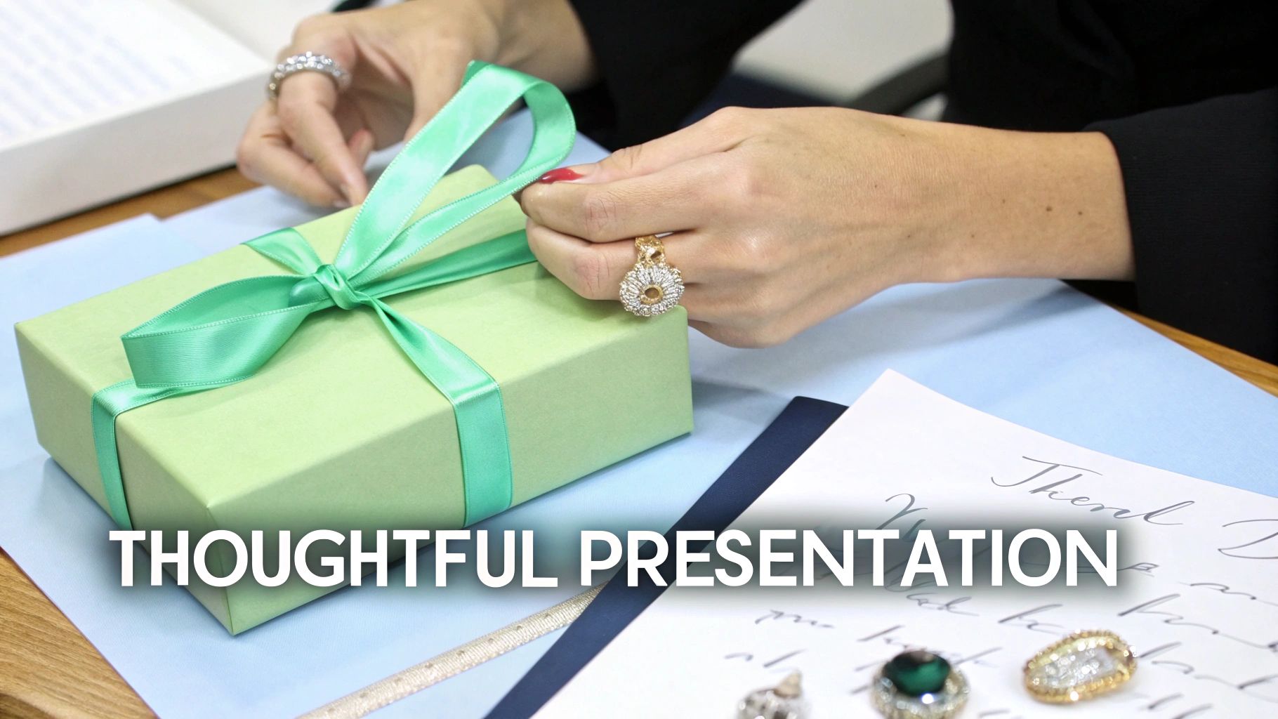 A person's hands are tying a green ribbon around a light green gift box on a light blue surface.