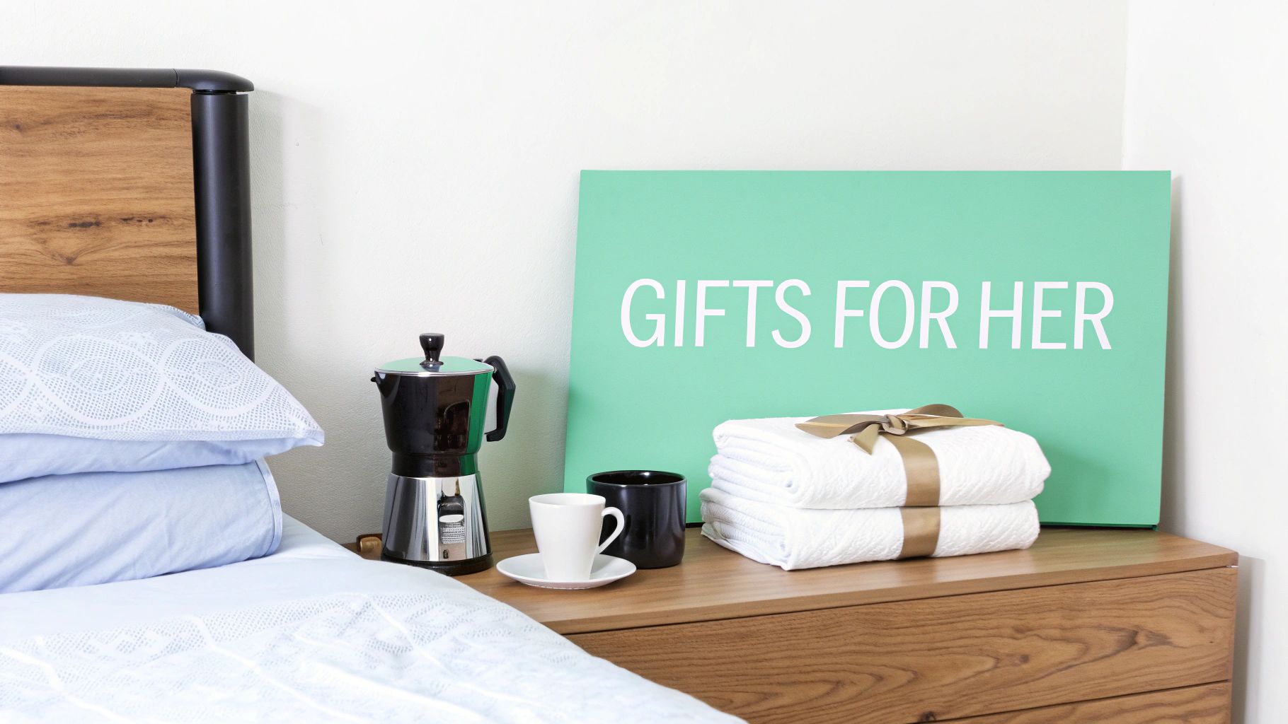 A bedside table with a Moka pot, coffee cups, and white gift towels next to a 'Gifts for Her' sign.