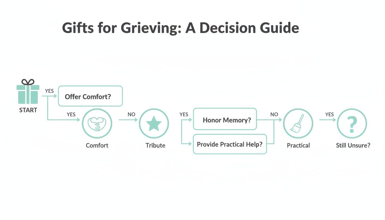 Flowchart guiding gift choices for grieving, categorizing options into comfort, tribute, and practical help.
