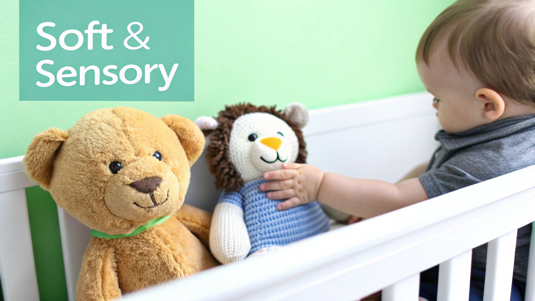 A baby in a crib reaches for a soft lion toy next to a brown teddy bear. Text says "Soft & Sensory".