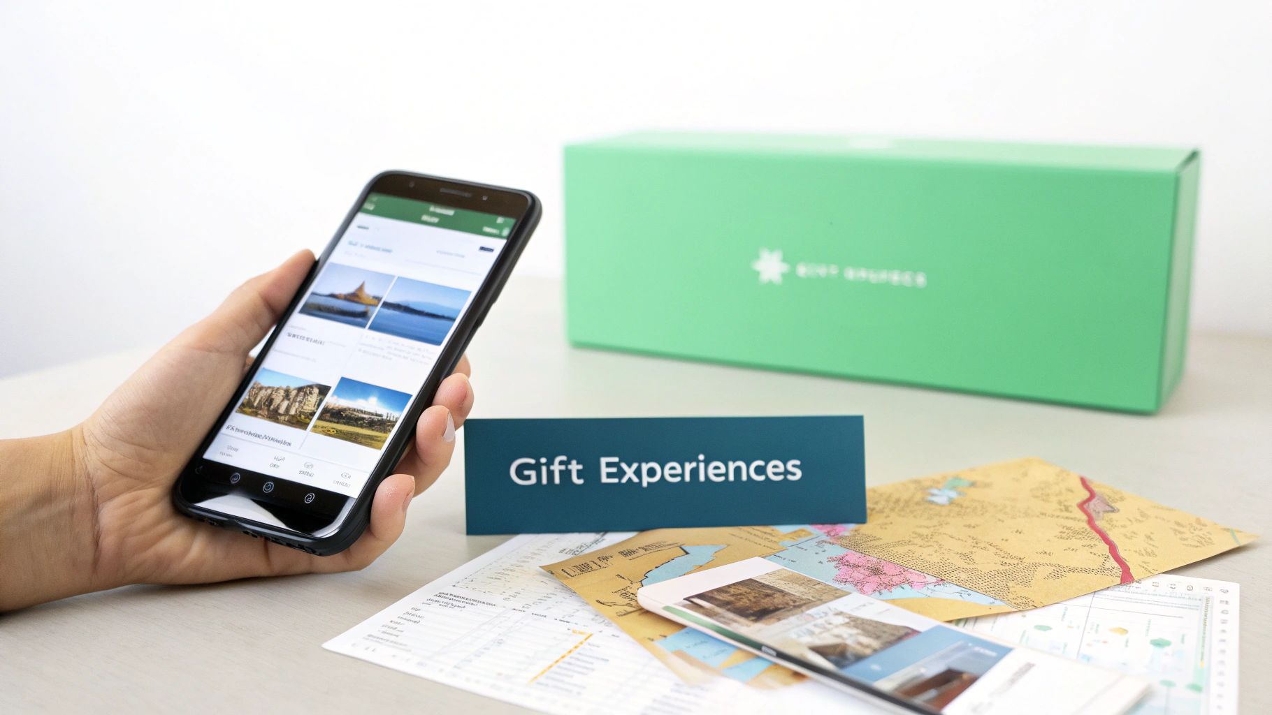 A hand holds a smartphone displaying travel destinations, next to a "Gift Experiences" sign, a green box, and maps.