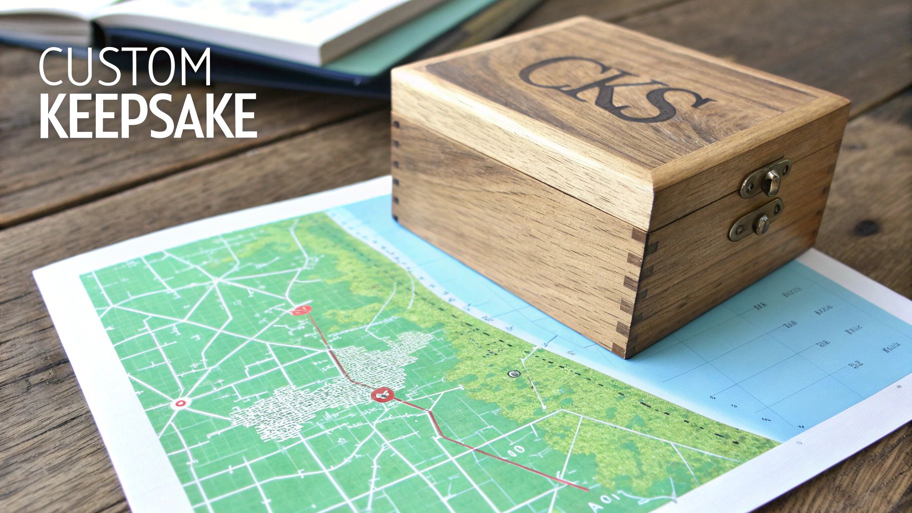 A personalized wooden keepsake box with 'CKS' initials, resting on a detailed map, on a rustic wooden table.
