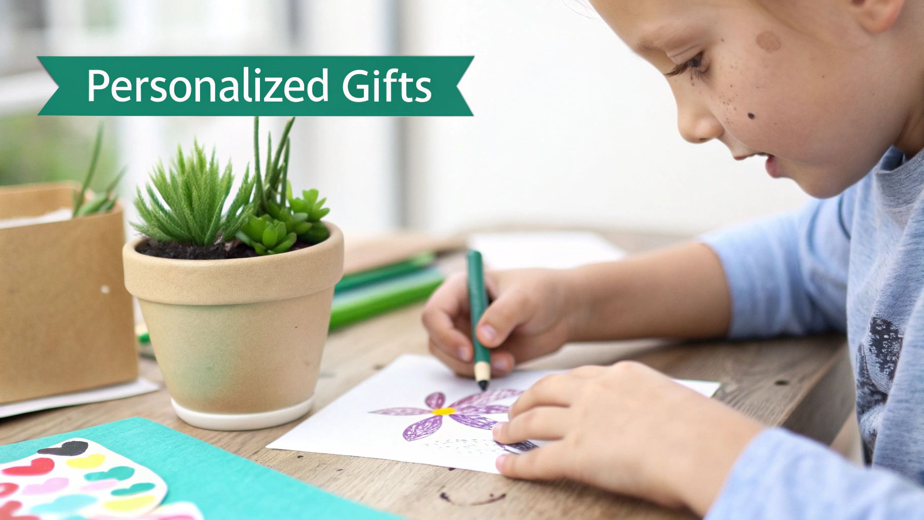 A child colors a flower drawing on paper, creating a personalized gift next to a potted succulent.