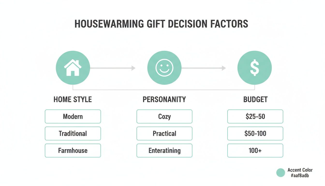 Infographic outlining housewarming gift decision factors: home style, personality, and budget categories with options.