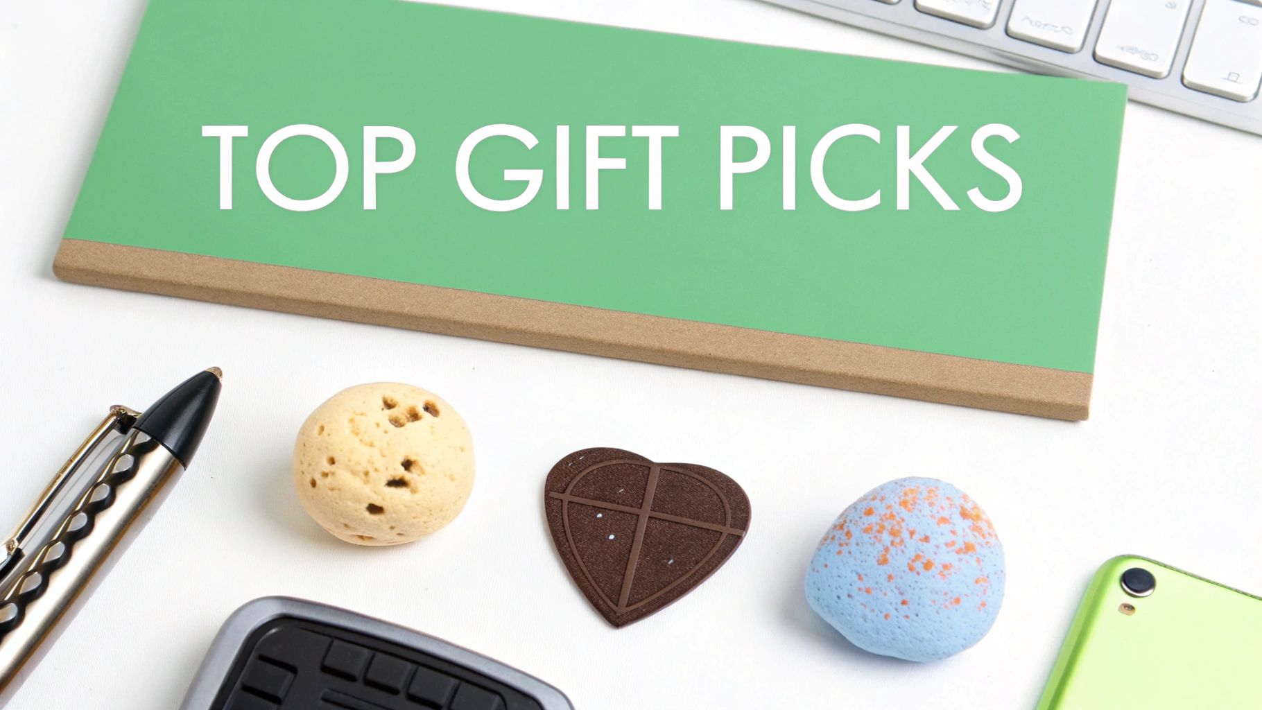 Green notepad with 'TOP GIFT PICKS' text, alongside a pen and various small decorative items.