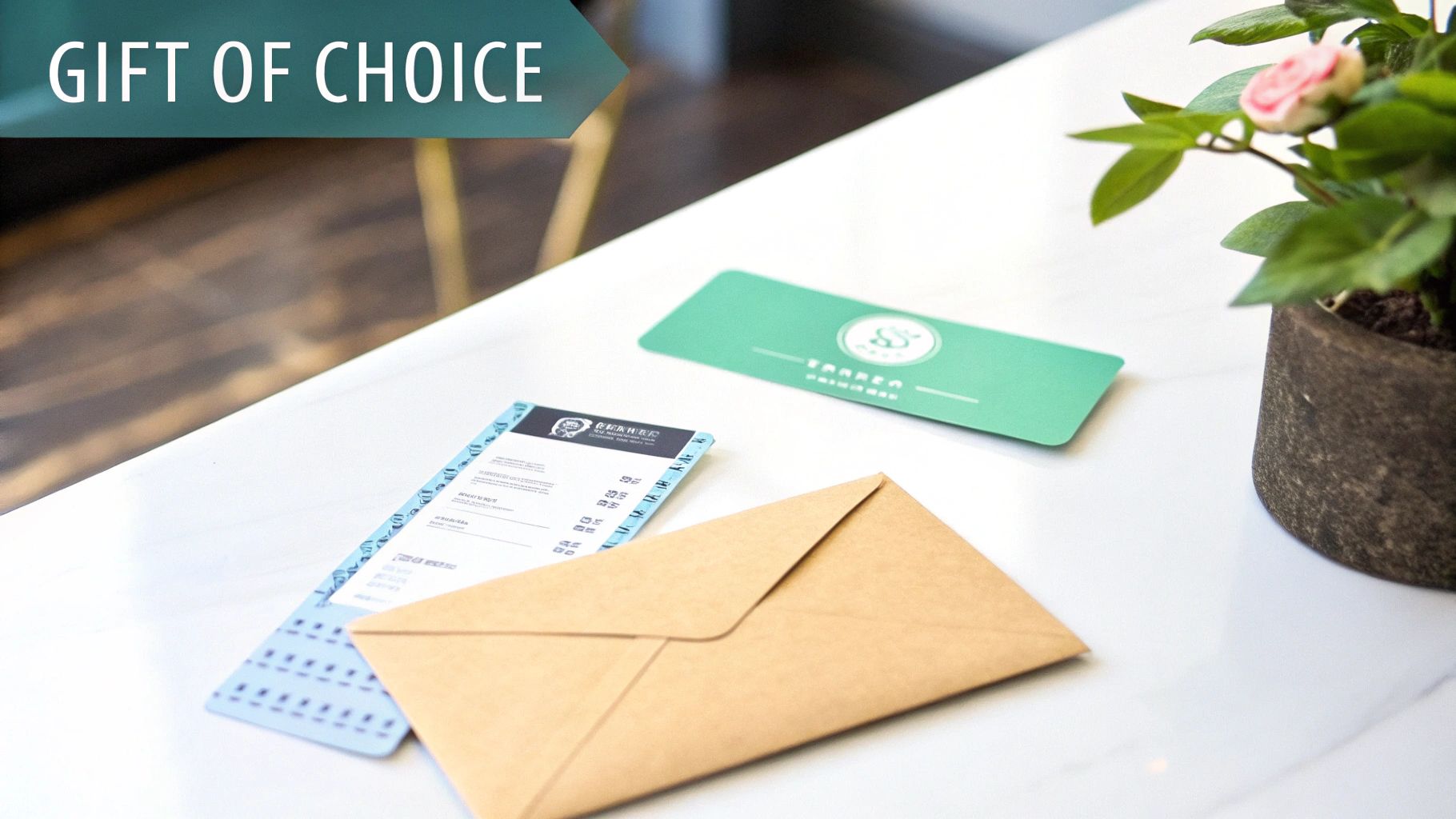 A white table with a 'Gift of Choice' banner, a green gift card, a menu, and a brown envelope.