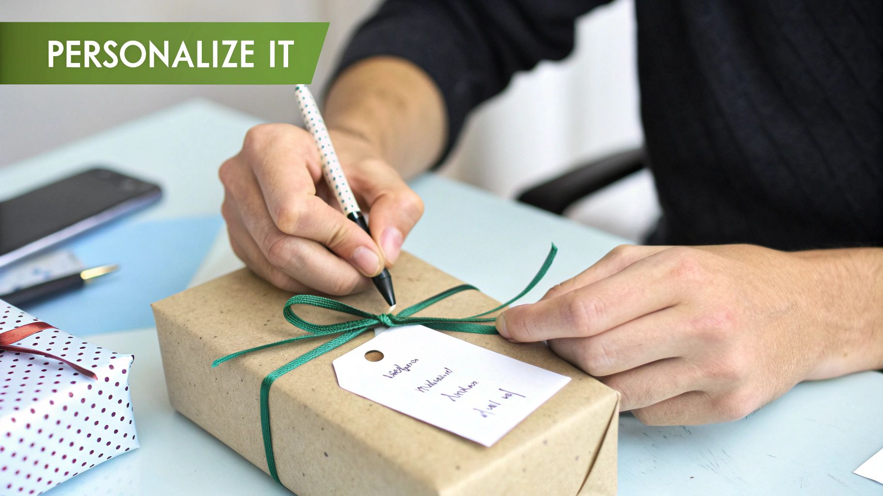 Person writing personalized gift tag on brown paper package with green ribbon for mother