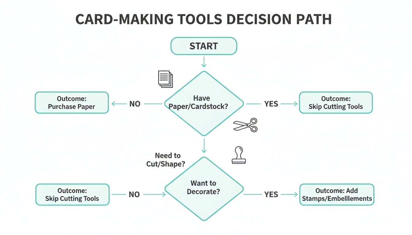 Flowchart illustrating a decision path for selecting card-making tools, starting with paper availability.