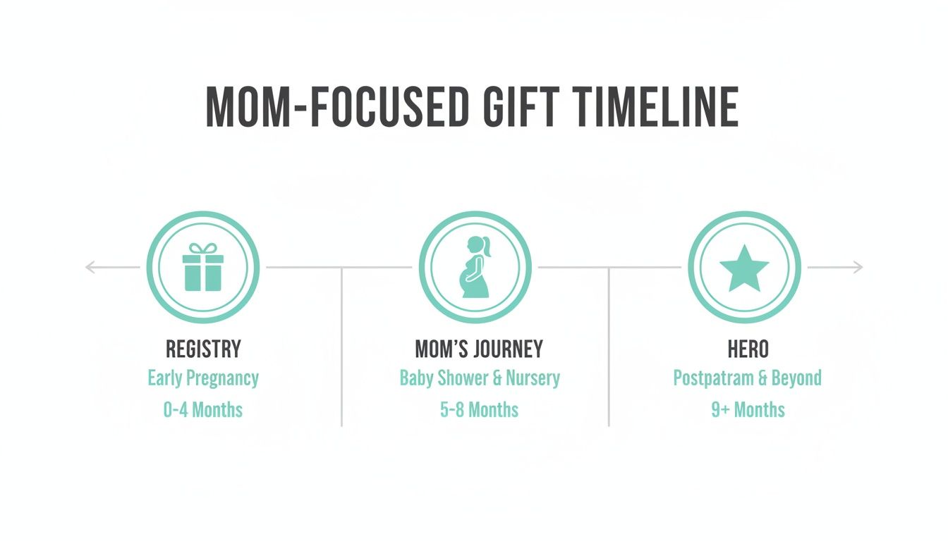 A mom-focused gift timeline illustrating three key stages: Registry (0-4 months), Mom's Journey (5-8 months), and Hero (9+ months).