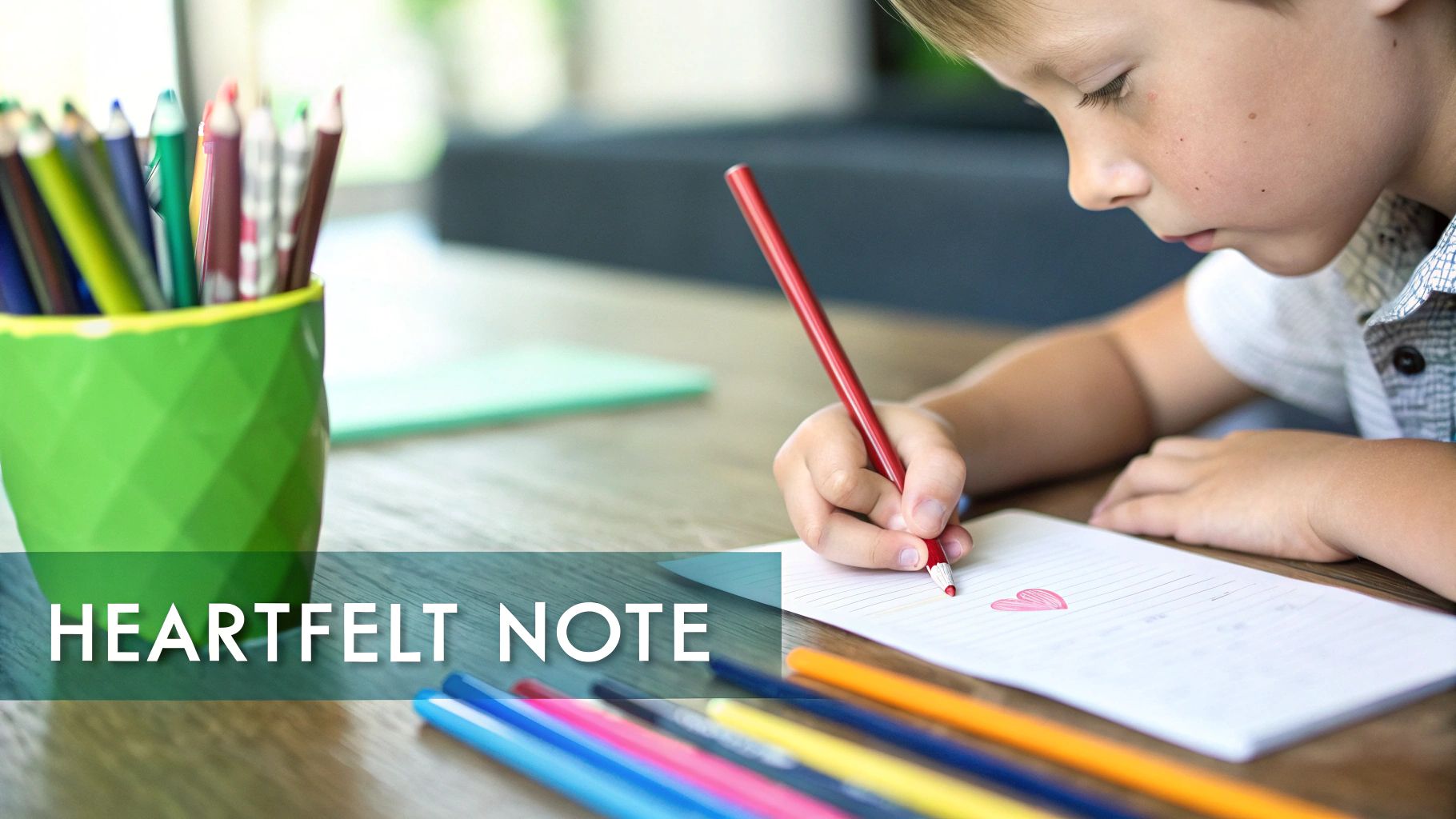 A young boy writes a heartfelt note with a red pencil, drawing a heart on paper.