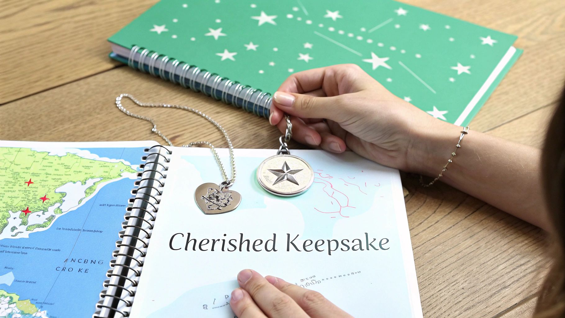Hands holding a star charm and a heart necklace above a map and 'Cherished Keepsake' book.