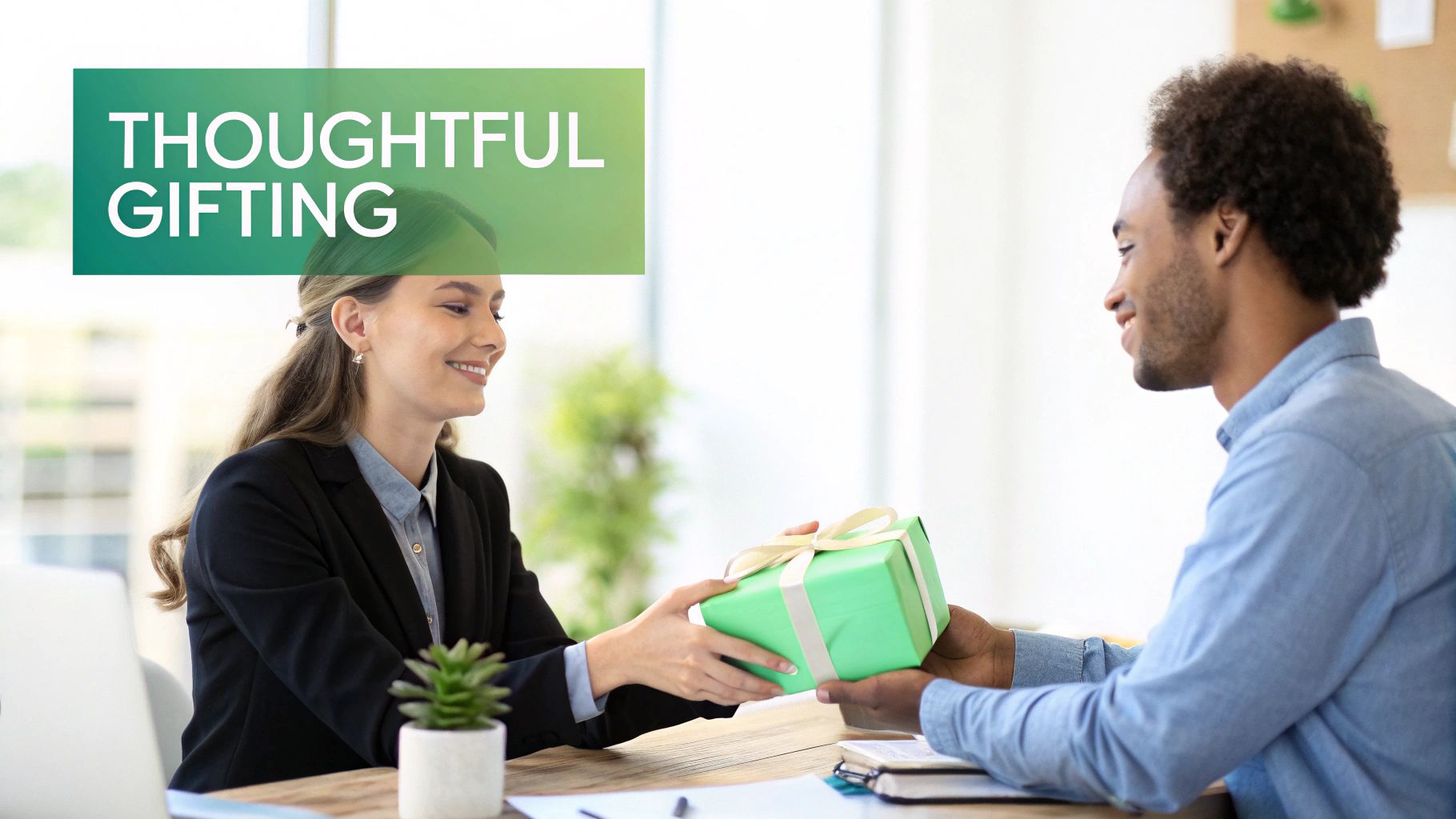 A smiling woman in a black blazer gives a green wrapped gift to a man across a desk.