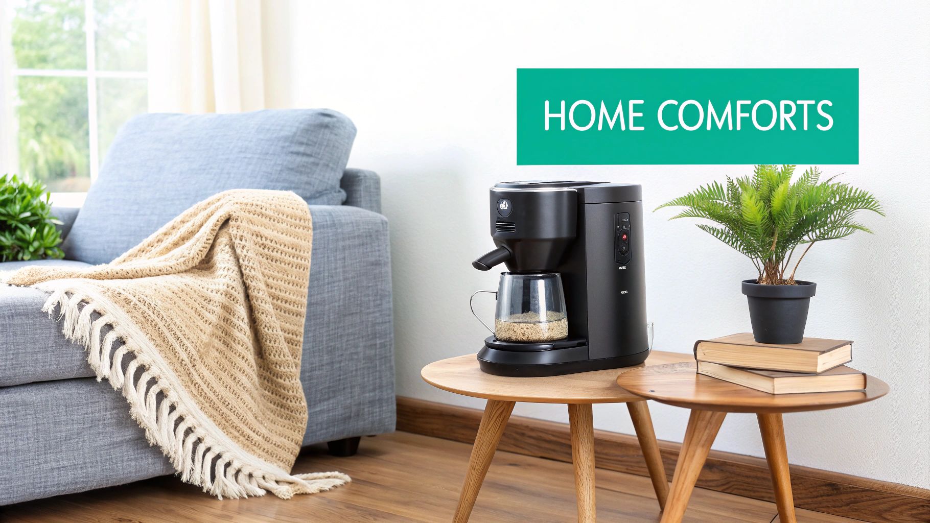 A cozy living room with a blue sofa, a knitted blanket, and a coffee maker on a wooden table.