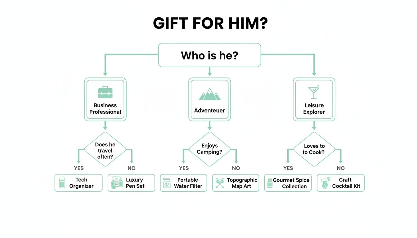 A decision tree flowchart for selecting a gift for a man based on his personality and hobbies.
