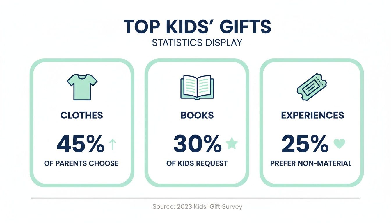 Infographic showing top kids' gifts: 45% of parents choose clothes, 30% of kids request books, and 25% prefer experiences.